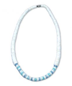 שרשרת צ'וקר דסקיות צדפים לבנה סיומת צדפים תכלת לבן