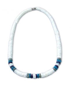 שרשרת צ'וקר דסקיות צדפים לבנה סיומת חרוזים כחול טורקיז